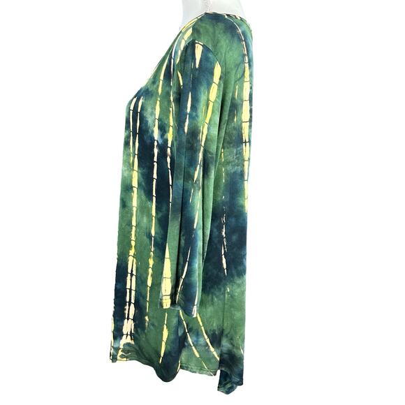 Ninedaily Top Women Sz XXL Green Yellow Rayon Stretch Asymetric Boho Artsy Tunic - Picture 7 of 11